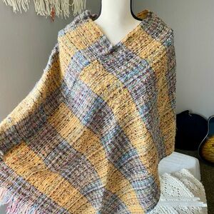 Unique Vintage Multicolor Tweed Poncho with Yellow & Gray Stripes
